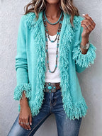 Cárdigan de Punto Verde Lima con Flecos Boho