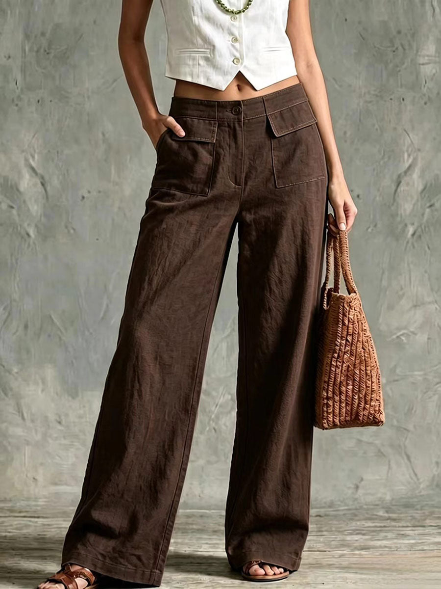 High-rise cotton and linen wide-leg trousers with flap pockets