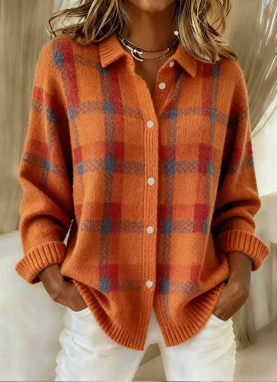 Cárdigan de Punto de Cuadros con Cuello Camisero