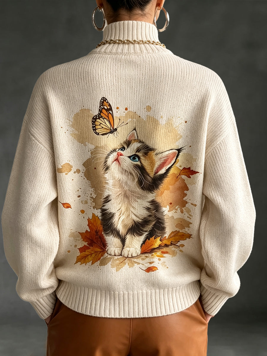 Jersey de Cuello Alto con Estampado de Gatitos y Mariposas