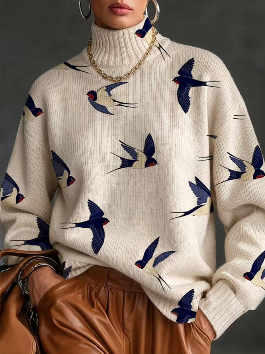 Jersey de Cuello Alto Acanalado con Estampado de Golondrinas