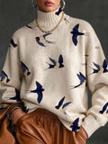 Jersey de Cuello Alto Acanalado con Estampado de Golondrinas