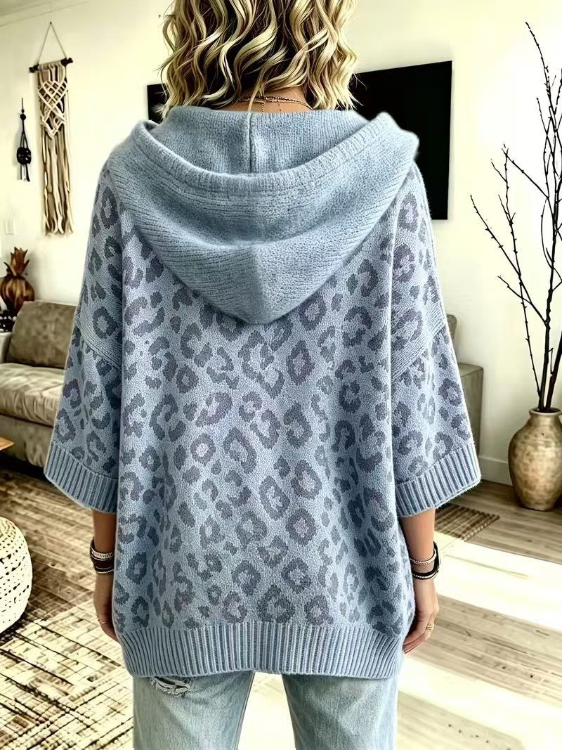 Sudadera de Punto con Capucha y Estampado Leopardo