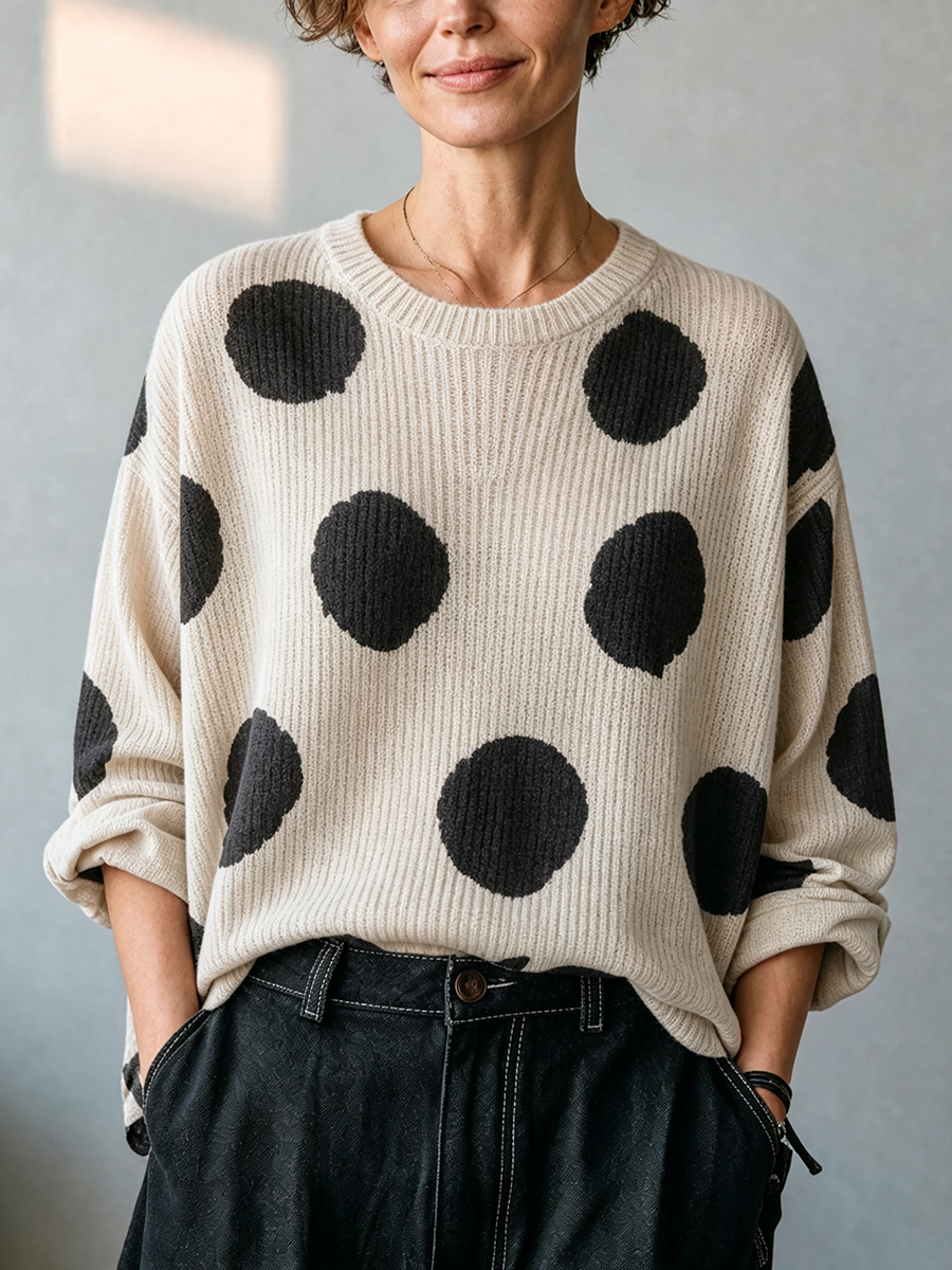 Jersey de Punto Acanalado Oversize de Lunares
