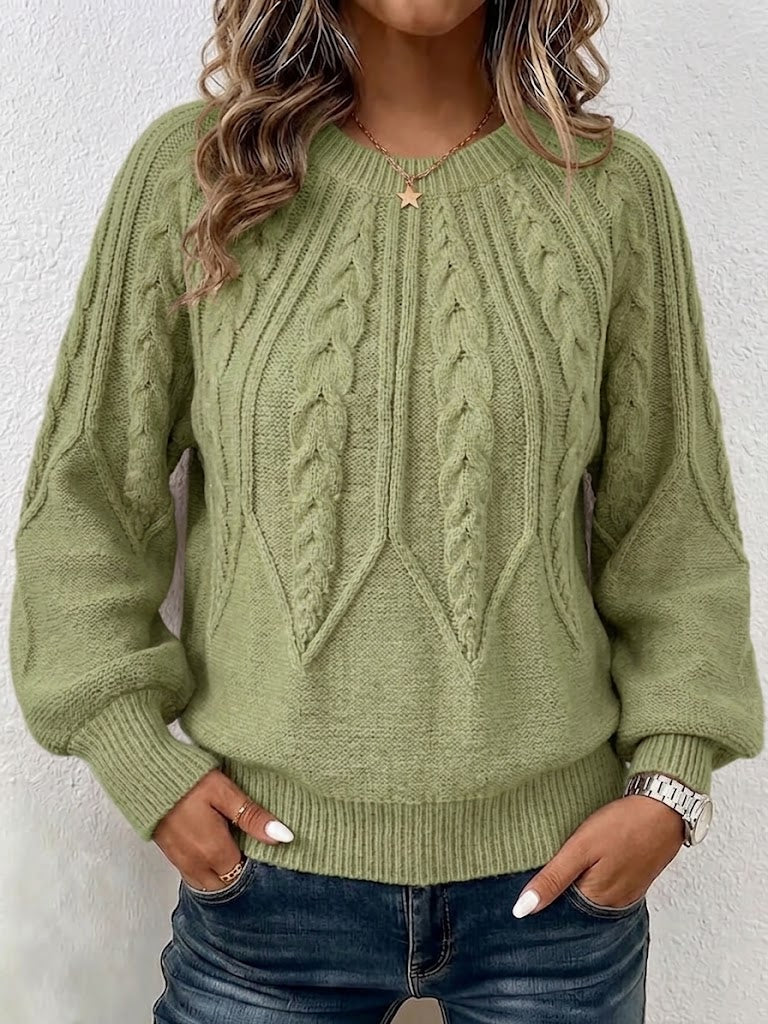 Jersey de Punto Trenzado Vertical con Cuello Redondo