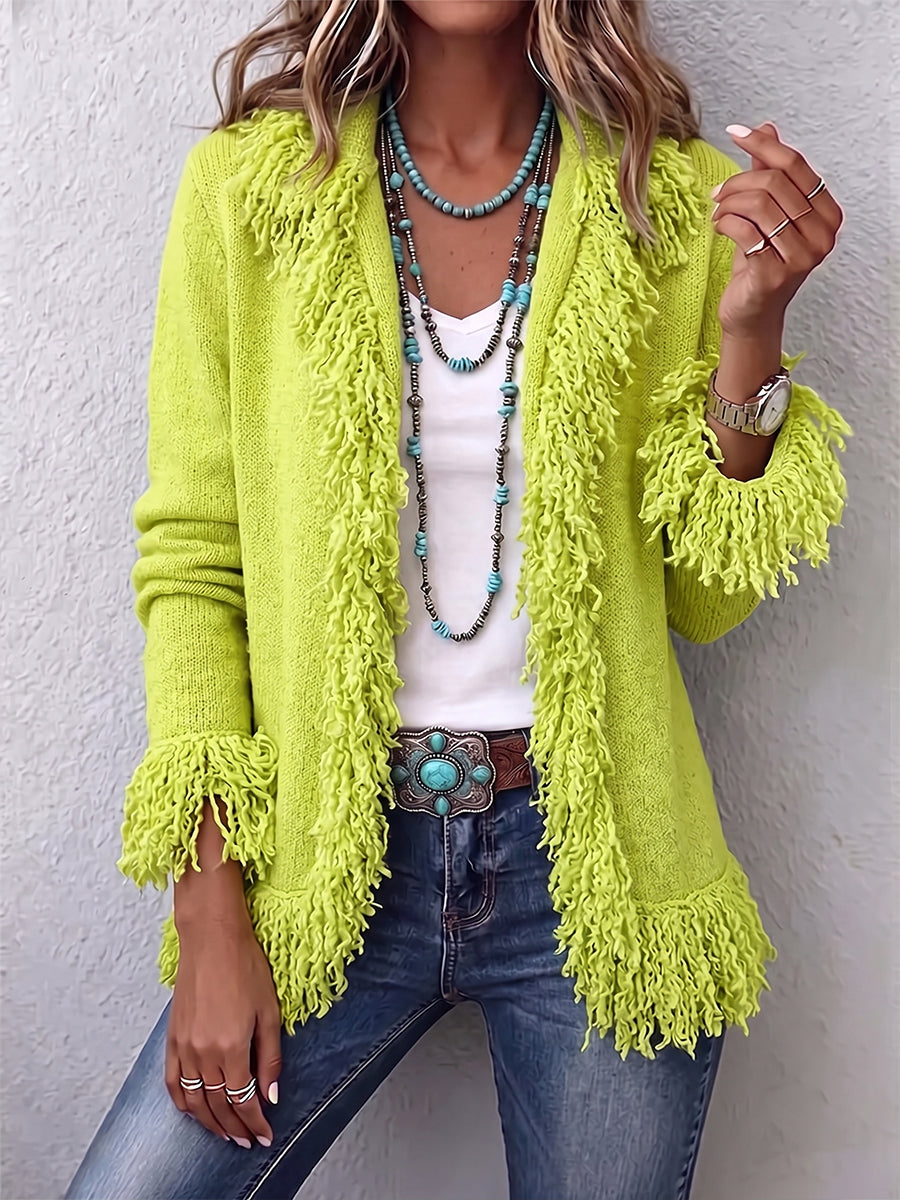Cárdigan de Punto Verde Lima con Flecos Boho