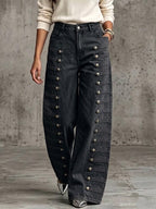 High-rise wide-leg jeans with military-style metal buttons