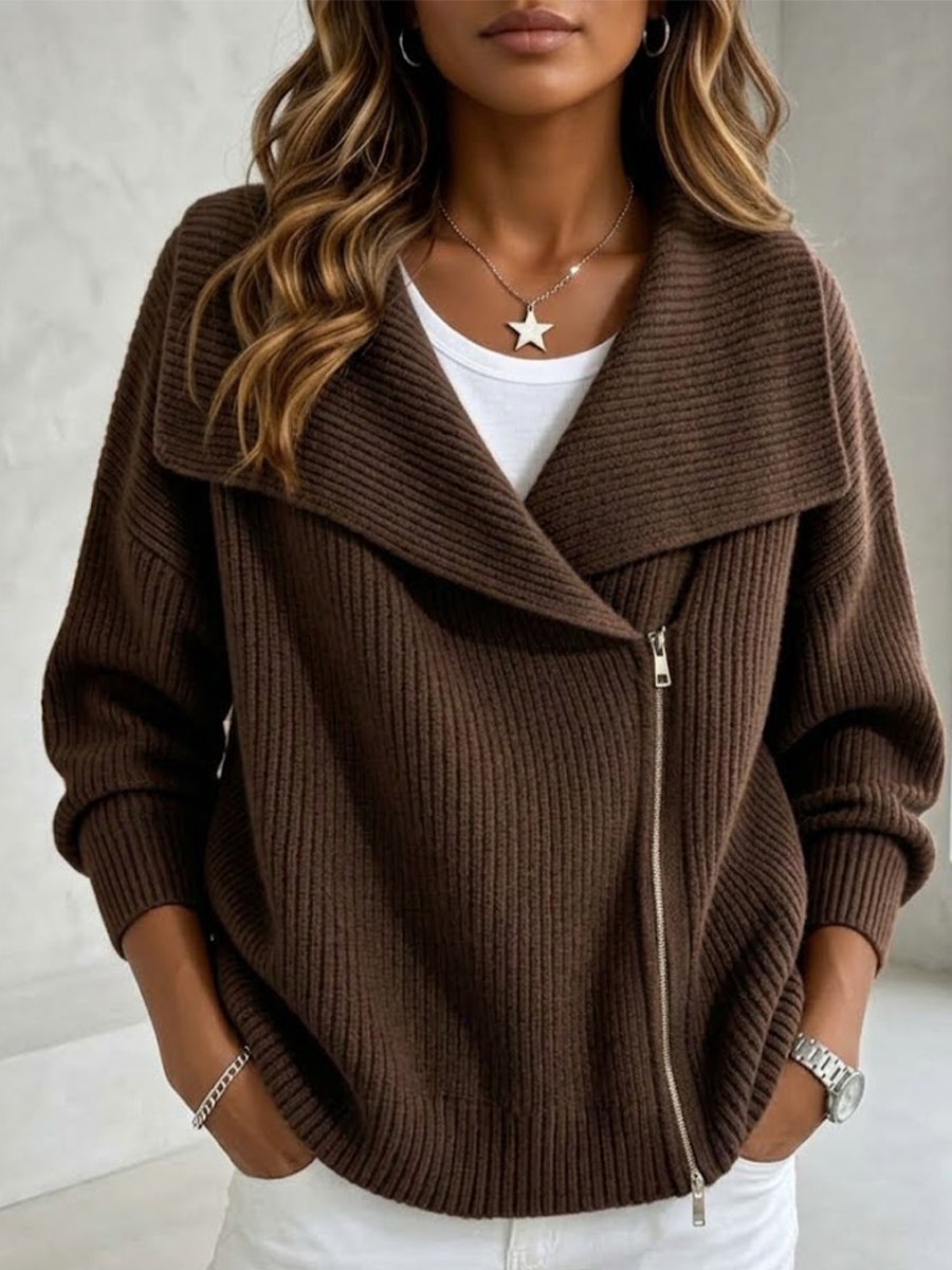 Chaqueta de Punto con Solapa y Doble Cremallera