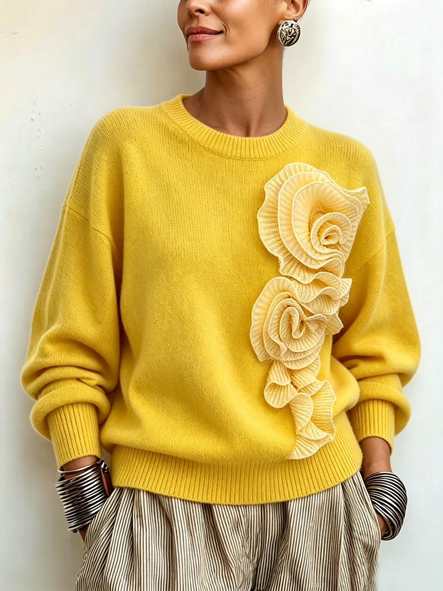 Jersey Amarillo de Punto con Flores 3D