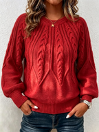 Jersey de Punto Trenzado Vertical con Cuello Redondo