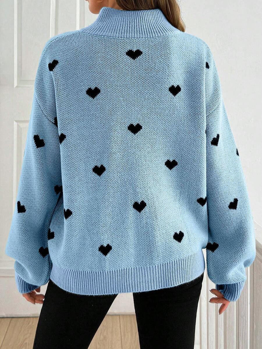 Jersey de Punto con Media Cremallera y Corazones