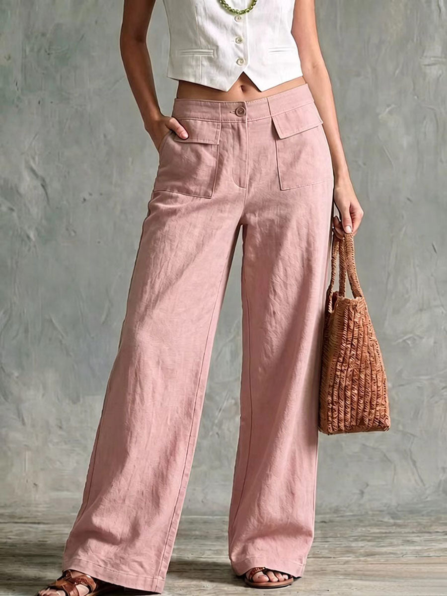 High-rise cotton and linen wide-leg trousers with flap pockets