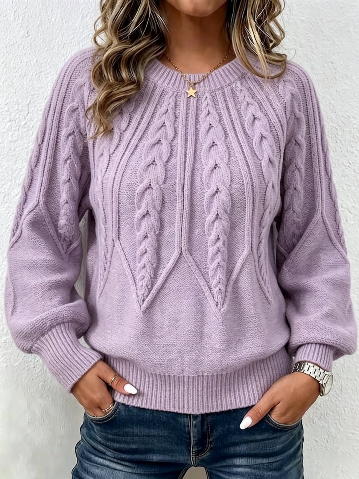 Jersey de Punto Trenzado Vertical con Cuello Redondo