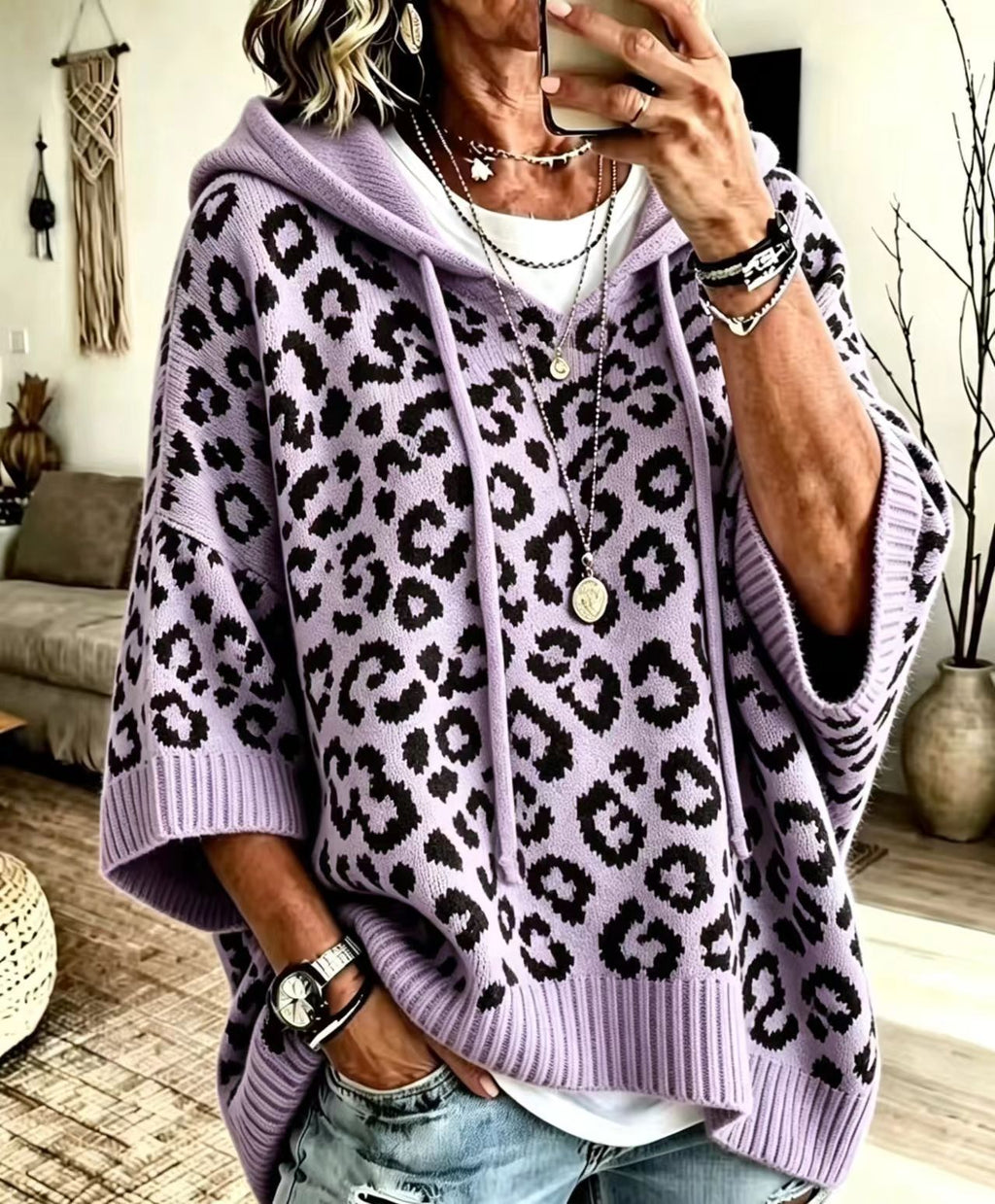 Sudadera de Punto con Capucha y Estampado Leopardo