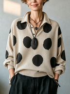 Top de Punto Oversize de Lunares con Cuello Solapa