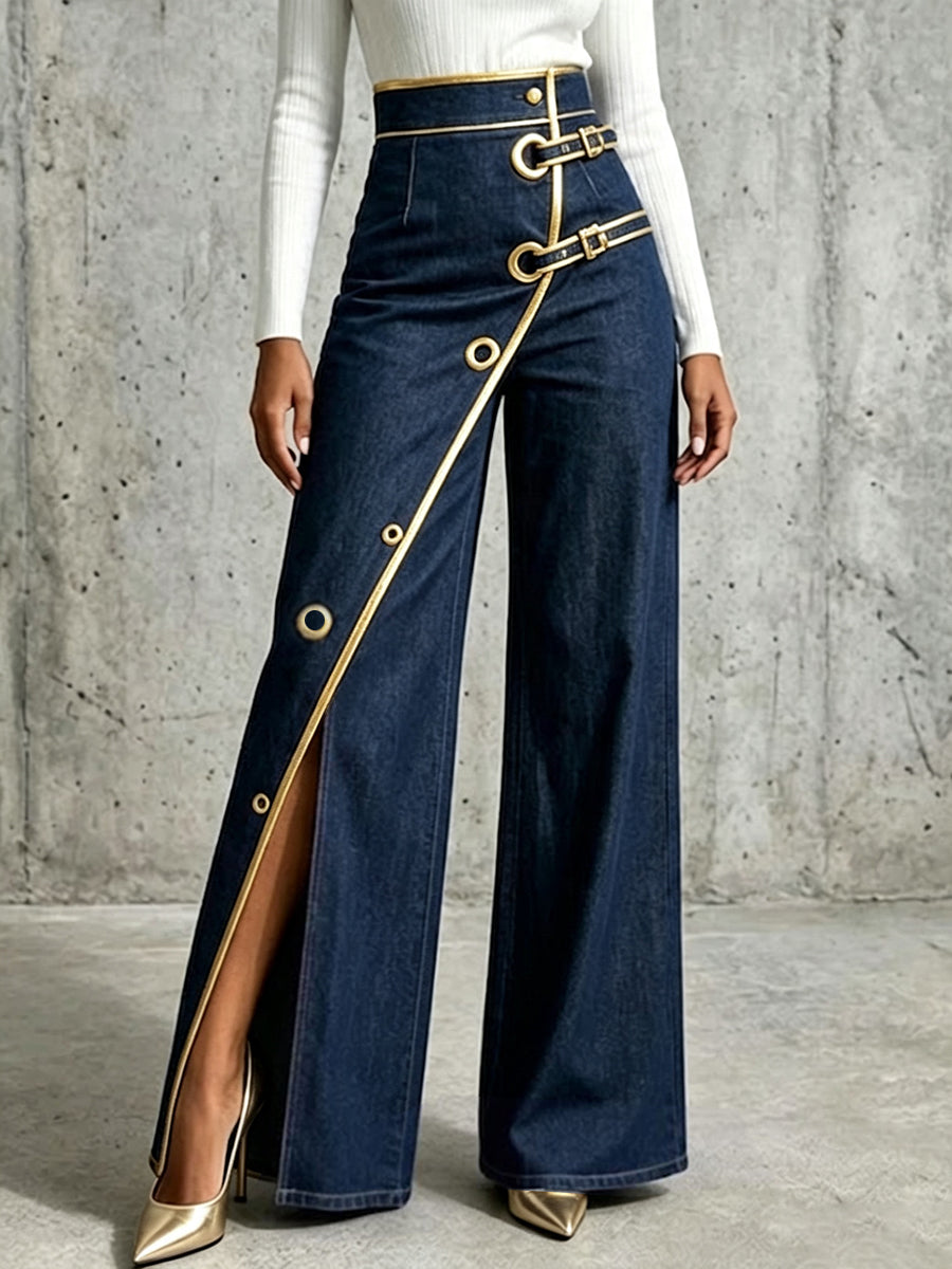 Vida jeans med hög midja, guldfärgad kant och slitsar
