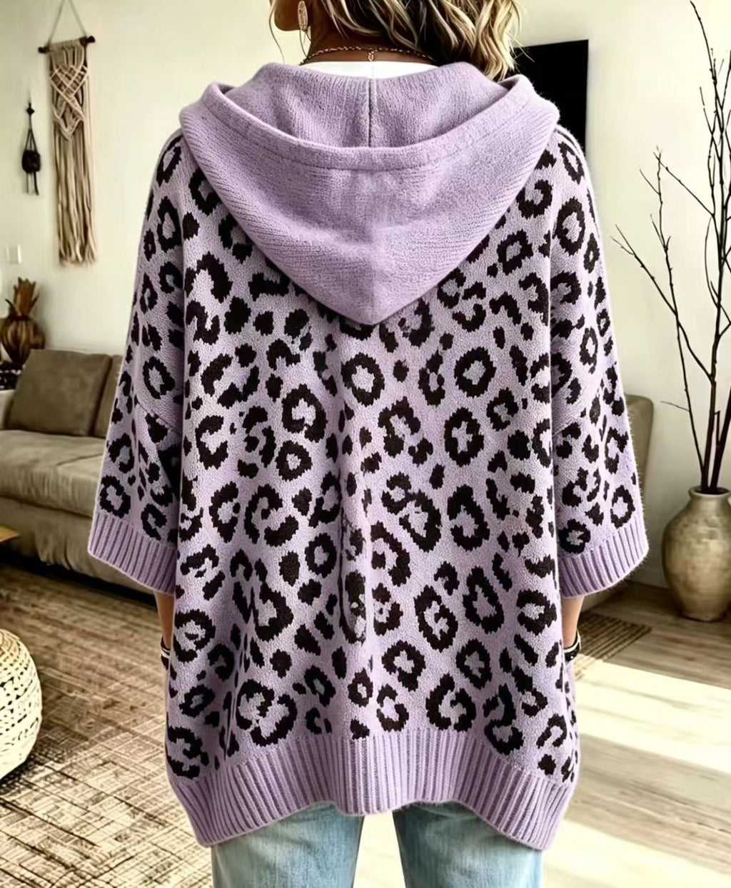 Sudadera de Punto con Capucha y Estampado Leopardo
