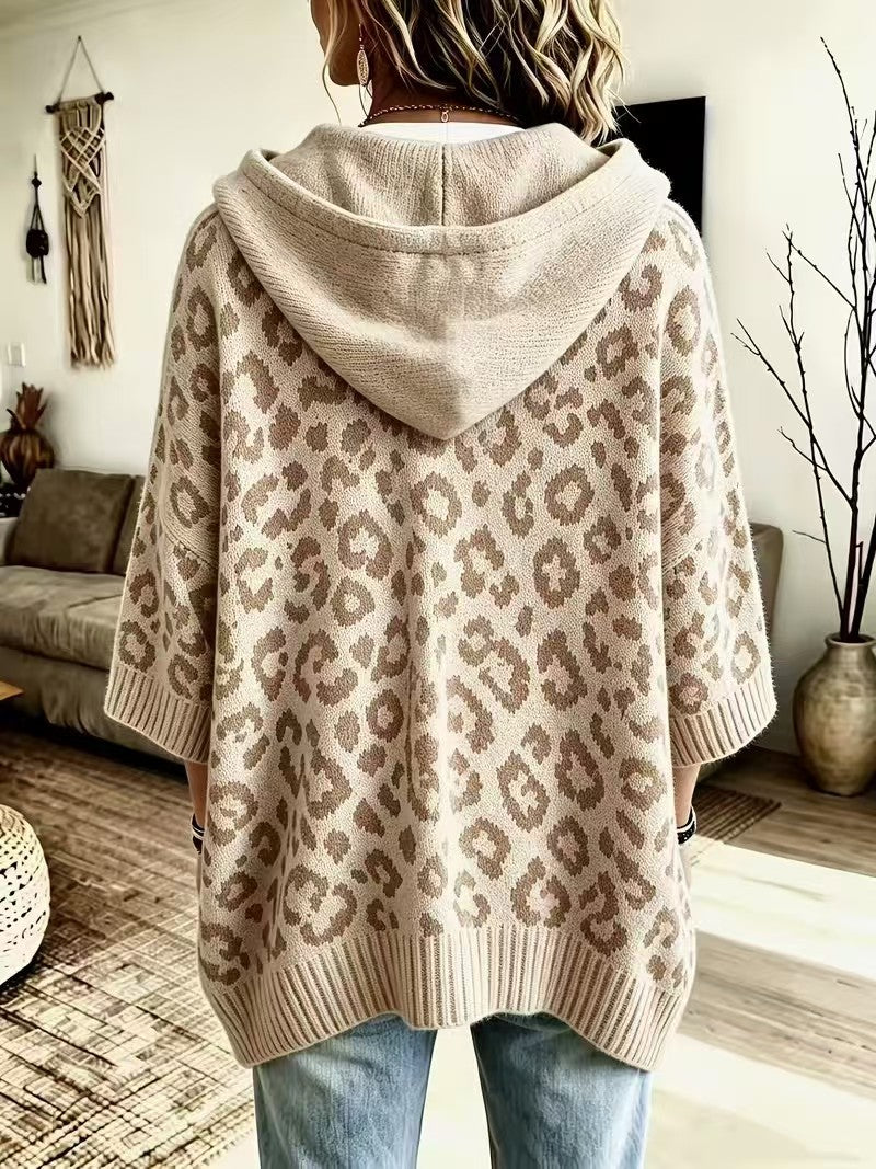 Sudadera de Punto con Capucha y Estampado Leopardo