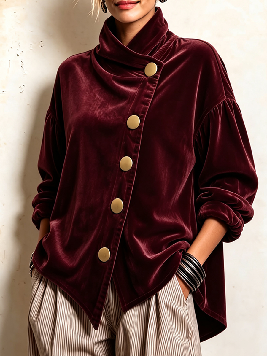 Blusa de Terciopelo Asimétrica con Botones Dorados