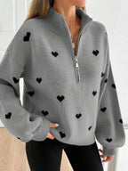 Jersey de Punto con Media Cremallera y Corazones