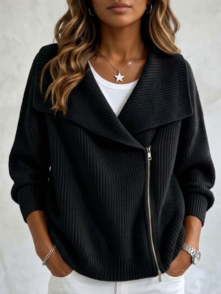 Chaqueta de Punto con Solapa y Doble Cremallera