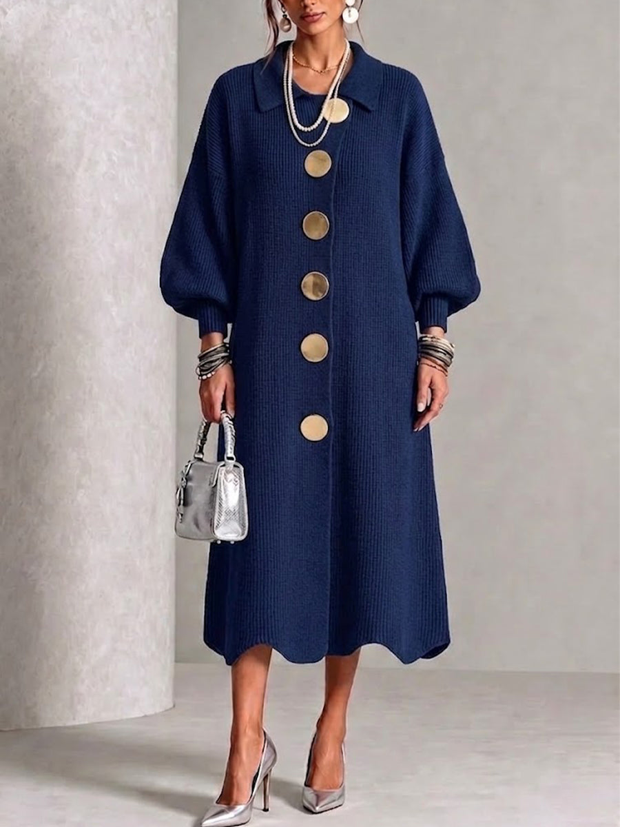 Vestido de Punto Azul Marino con Hebilla y Cuello Solapa