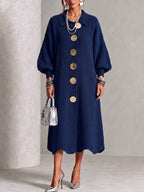 Vestido de Punto Azul Marino con Hebilla y Cuello Solapa