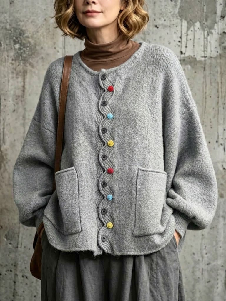 Cárdigan de Punto con Botones de Colores y Bolsillos Grandes