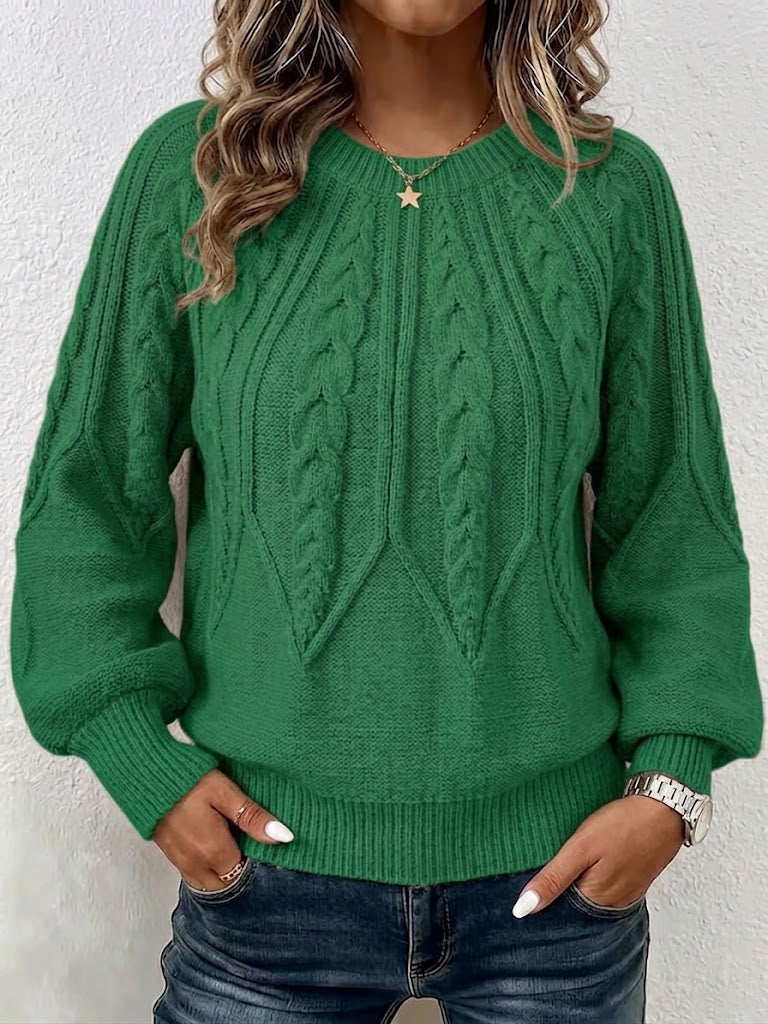 Jersey de Punto Trenzado Vertical con Cuello Redondo
