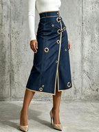 Denim wrap midi skirt with gold trim and buckle
