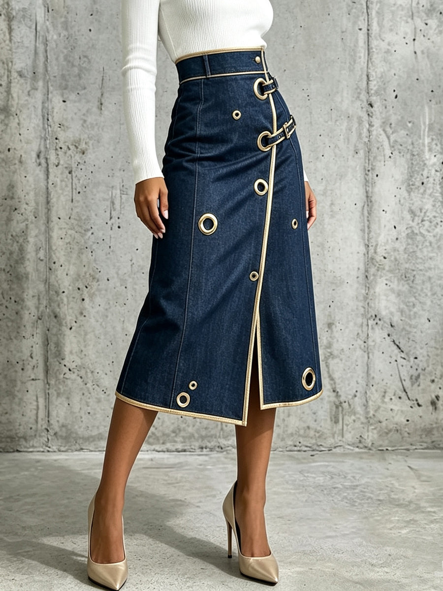 Denim wrap midi skirt with gold trim and buckle