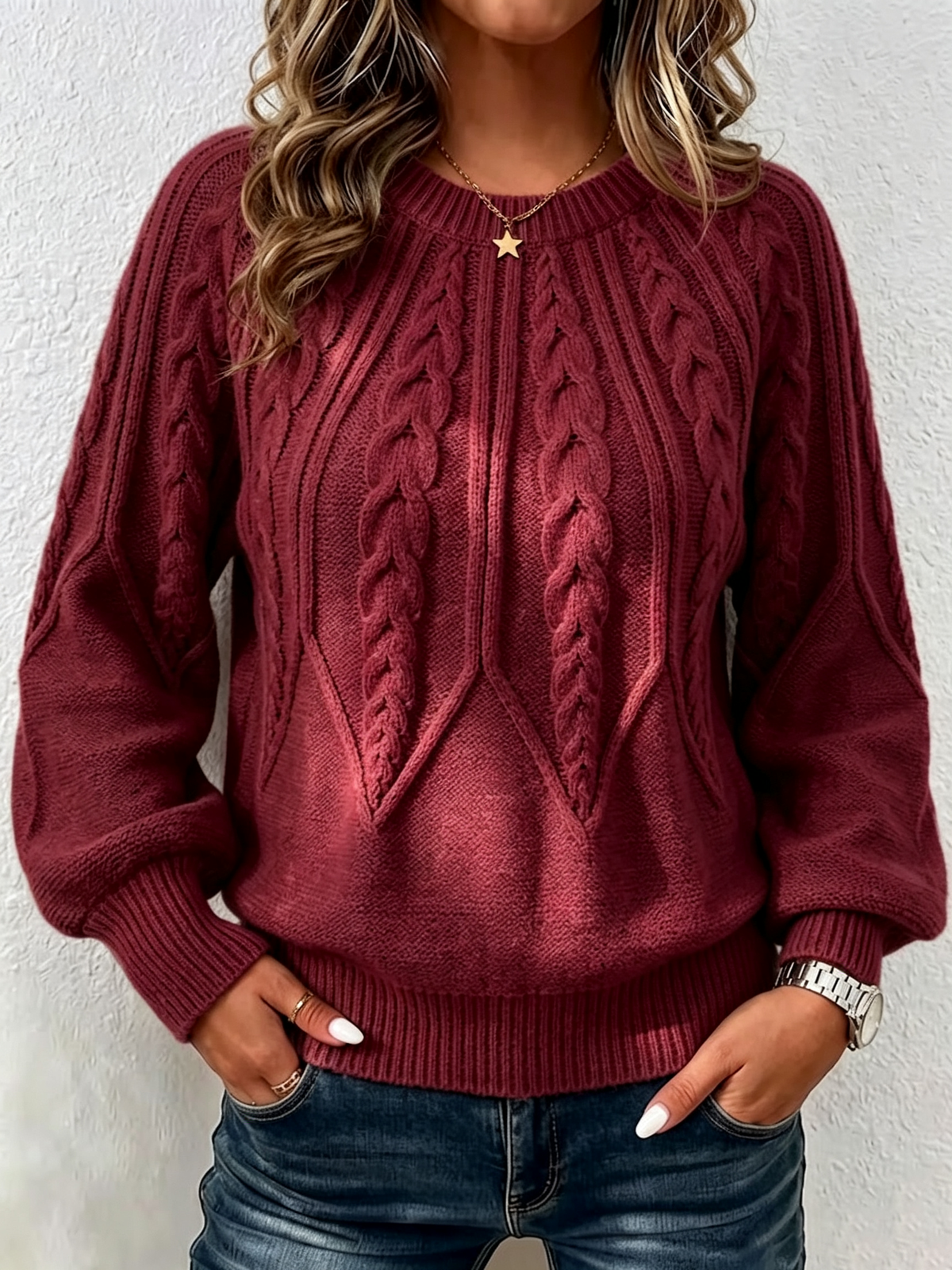 Jersey de Punto Trenzado Vertical con Cuello Redondo