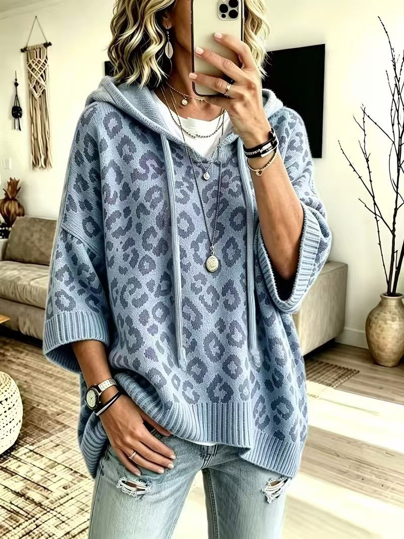 Sudadera de Punto con Capucha y Estampado Leopardo