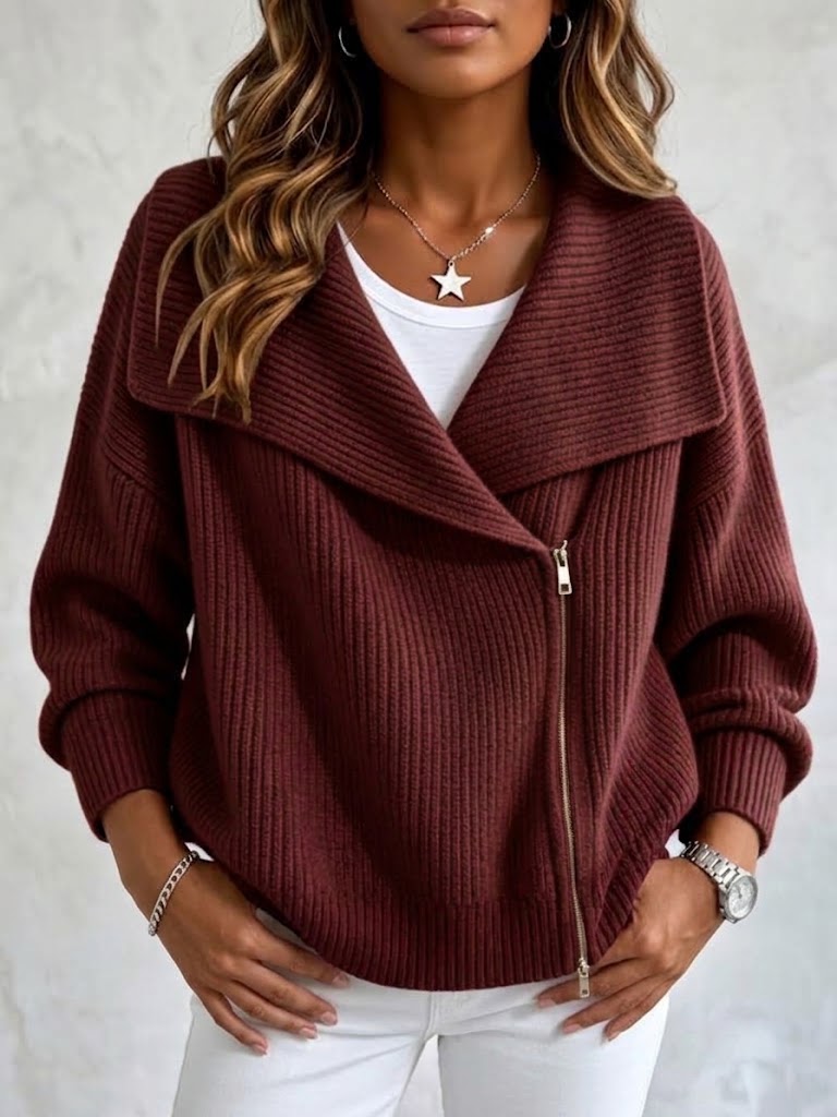 Chaqueta de Punto con Solapa y Doble Cremallera
