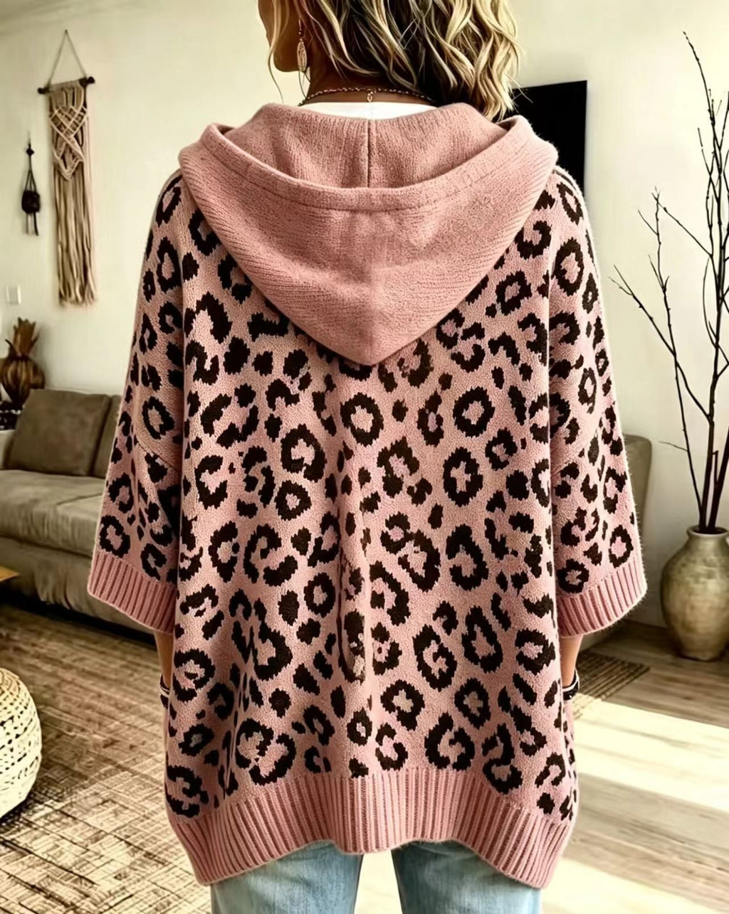Sudadera de Punto con Capucha y Estampado Leopardo