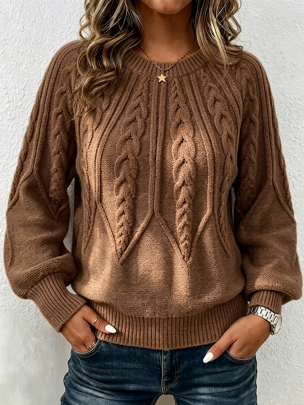 Jersey de Punto Trenzado Vertical con Cuello Redondo