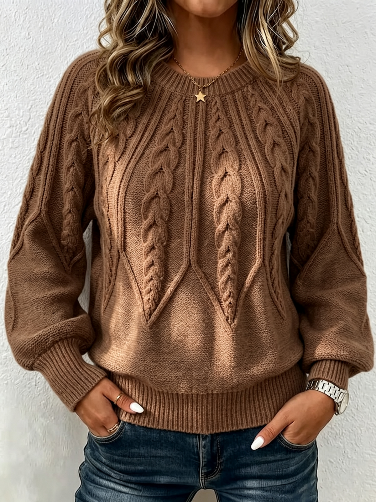 Jersey de Punto Trenzado Vertical con Cuello Redondo