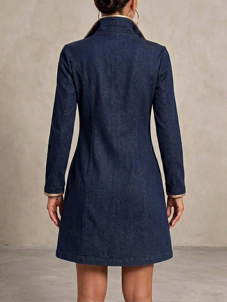 Jeansklänning med lång ärm, guldfärgad kant och metallöljetter