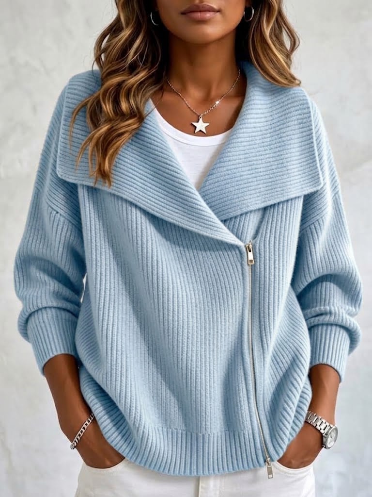 Chaqueta de Punto con Solapa y Doble Cremallera