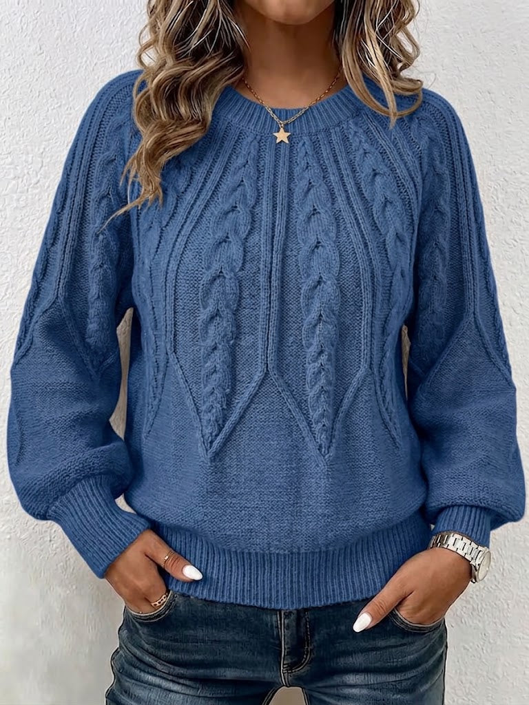 Jersey de Punto Trenzado Vertical con Cuello Redondo