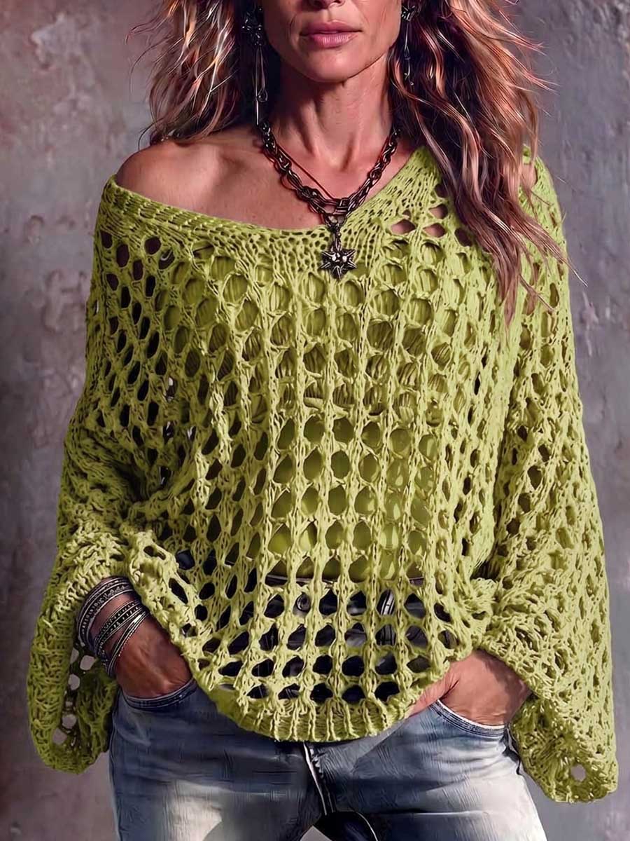 Jersey de Punto Calado con Escote Barco y Mangas Campana