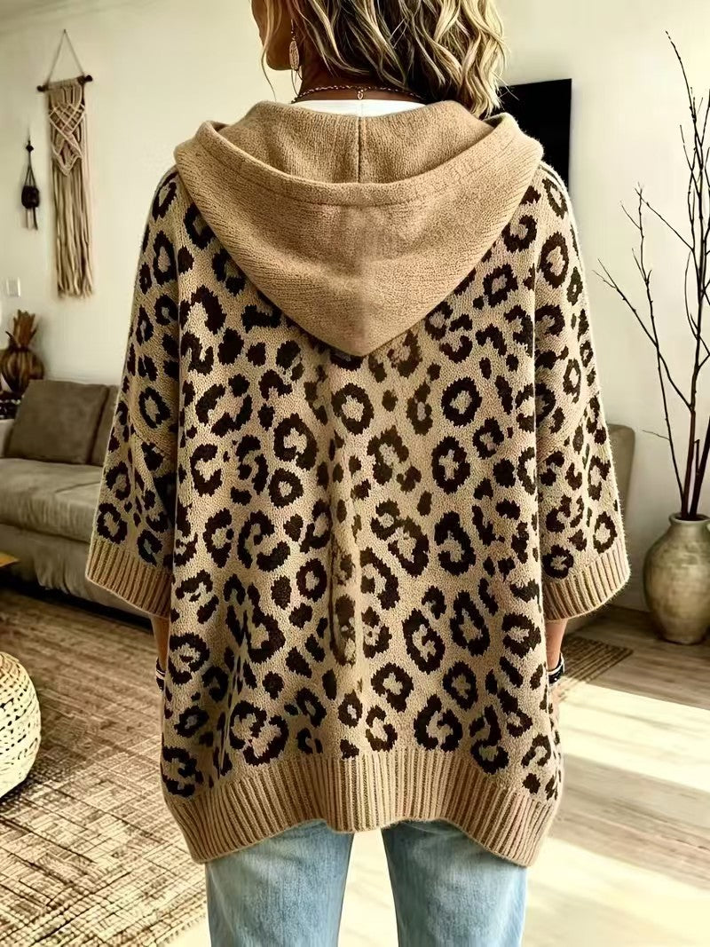 Sudadera de Punto con Capucha y Estampado Leopardo