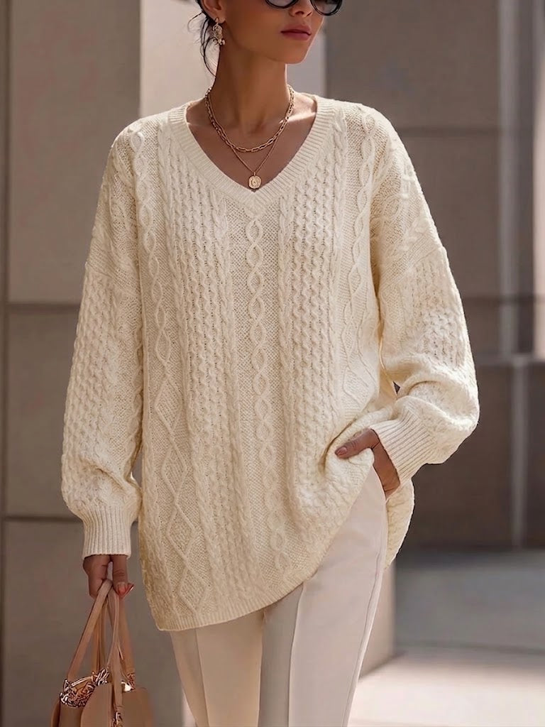 Jersey de Punto Trenzado con Cuello Pico