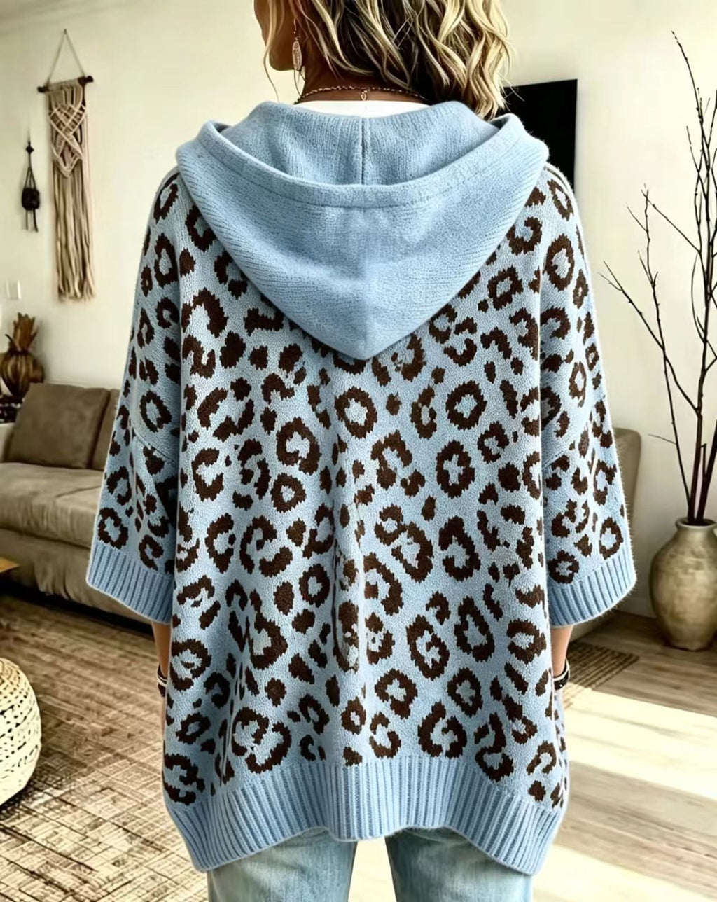 Sudadera de Punto con Capucha y Estampado Leopardo