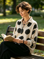 Top de Punto Oversize de Lunares con Cuello Solapa