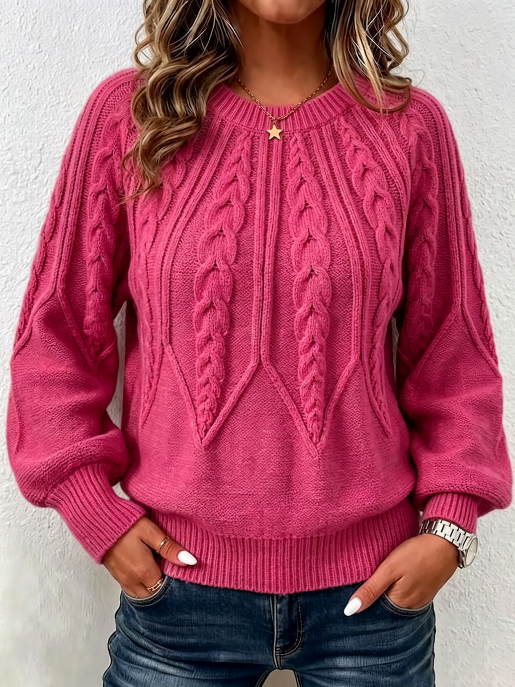 Jersey de Punto Trenzado Vertical con Cuello Redondo