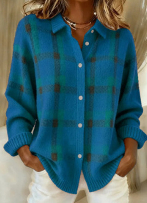 Cárdigan de Punto de Cuadros con Cuello Camisero