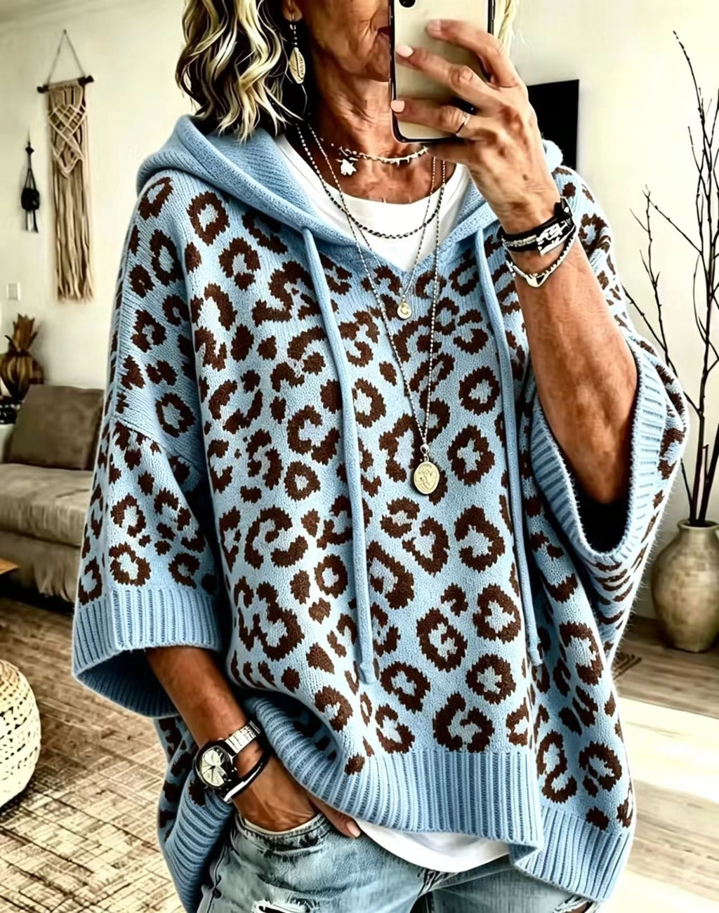 Sudadera de Punto con Capucha y Estampado Leopardo