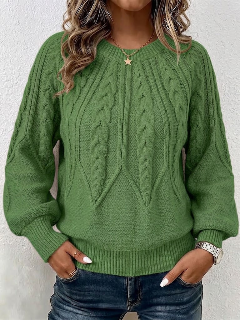 Jersey de Punto Trenzado Vertical con Cuello Redondo