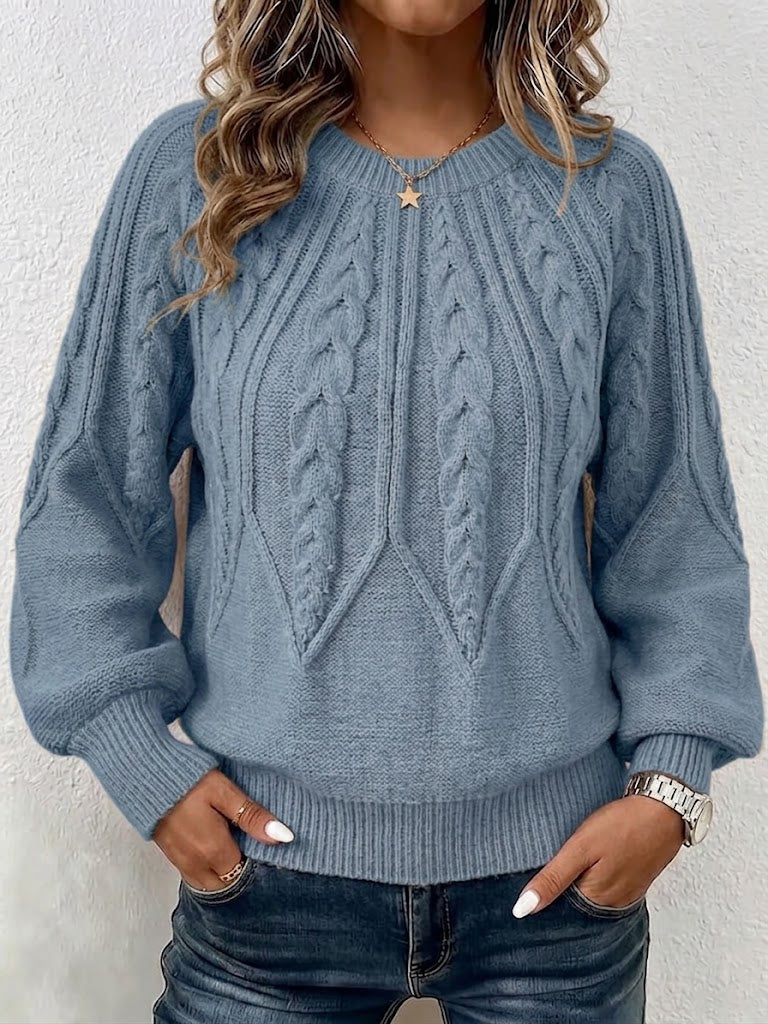Jersey de Punto Trenzado Vertical con Cuello Redondo